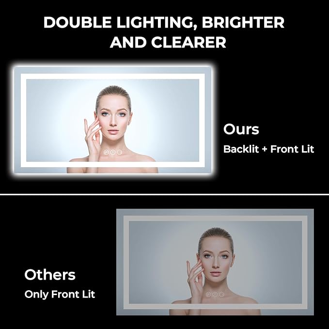 YEELAIT 60x40 Inch LED Bathroom Mirror with Lights Front and Backlit Lighted Vanity Mirror for Bathroom Wall with 3 Colors Dimmable Anti-Fog Memory Shatter-Proof IP54 Waterproof Horizontal/Vertical