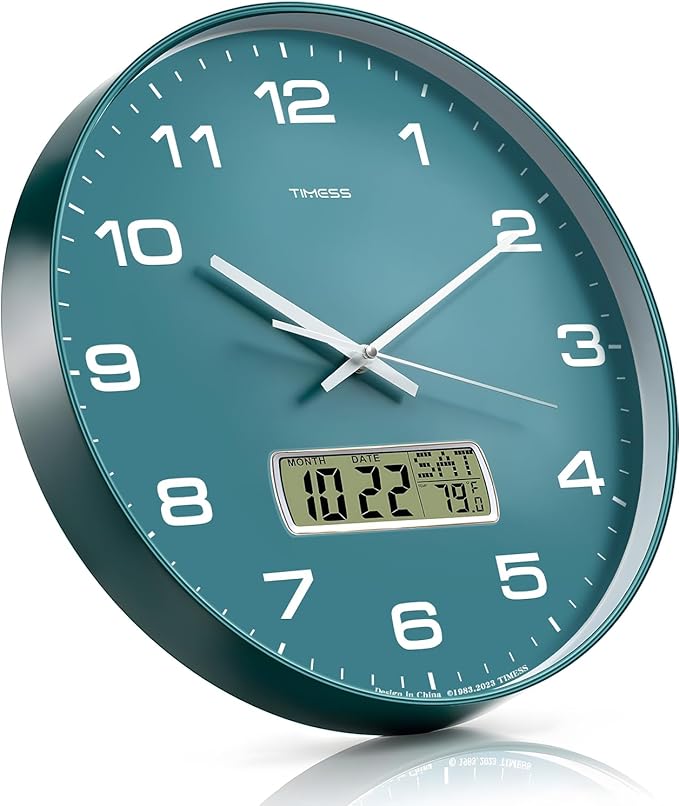TIMESS Wall Clock, 13" Dial Non-Ticking Silent Battery Operated Analog with LCD Display for Perpetual Calendar and F° Temperature, Ideal Modern Home, Office Decor (Green)