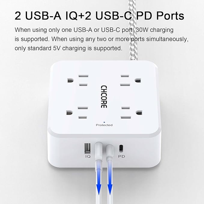 5Ft Flat Plug Braided Extension Cord - CHCORE Surge Protector Power Strip with 8 Outlets and 2 USB-C (PD 30W) Fast Charging Ports and 2 USB-A Ports for Home, Office, Dorm Room Essentials, ETL, White