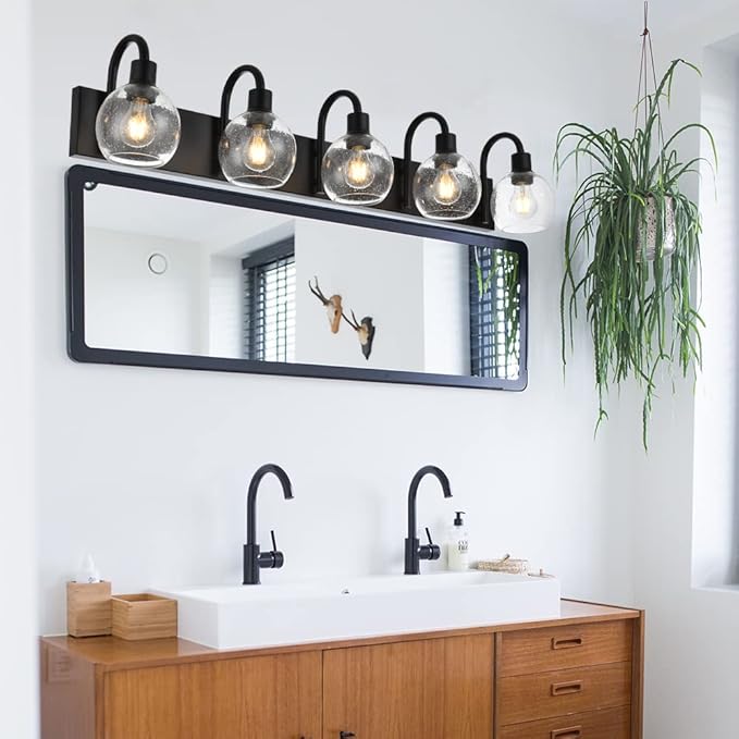 WINSHEN Bathroom Light Fixtures 5-Lights Matte Black Farmhouse Vanity Lighting with Seeded Globe Glass for Over Mirror