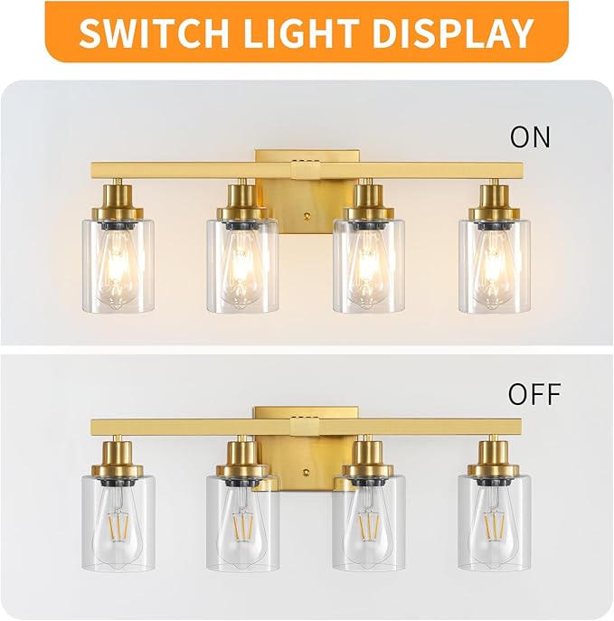 DIKAIDA Bathroom Vanity Light, 4-Light Modern Matte Gold Wall Sconce Lighting with Clear Glass Shade, Black Wall Lights,Bath Vintage Wall Mounted Lamps for Mirror Bedroom Living Room