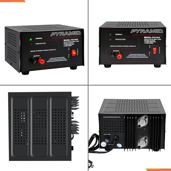 Pyramid Universal Compact Bench Power Supply - 12 Amp Linear Regulated Home Lab Benchtop AC-to-DC 12V Converter w/ 13.8 Volt DC 115V AC 270 Watt Power Input, Screw Type Terminals, Cooling Fan PS14KX