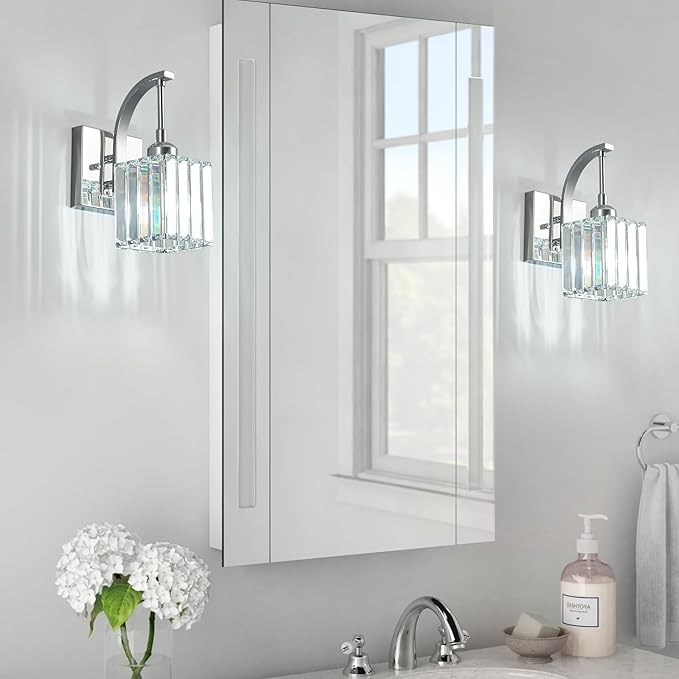 FDPBY Wall Sconces, Set of 2 Chrome Crystal Vanity Lights, Modern Wall Lamp for Bathroom, Hallway, and Makeup, Easy Installation
