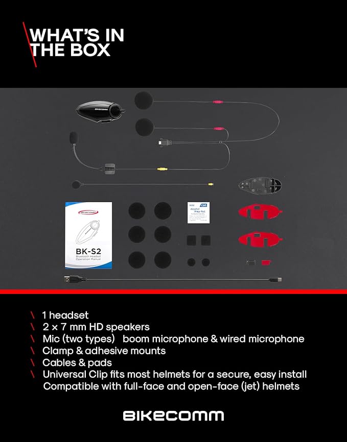 BIKECOMM BK-S2 Motorcycle Bluetooth Headset Intercom – 1200M Range Wireless Speakers - Helmet Communication System, IP67, Carbon