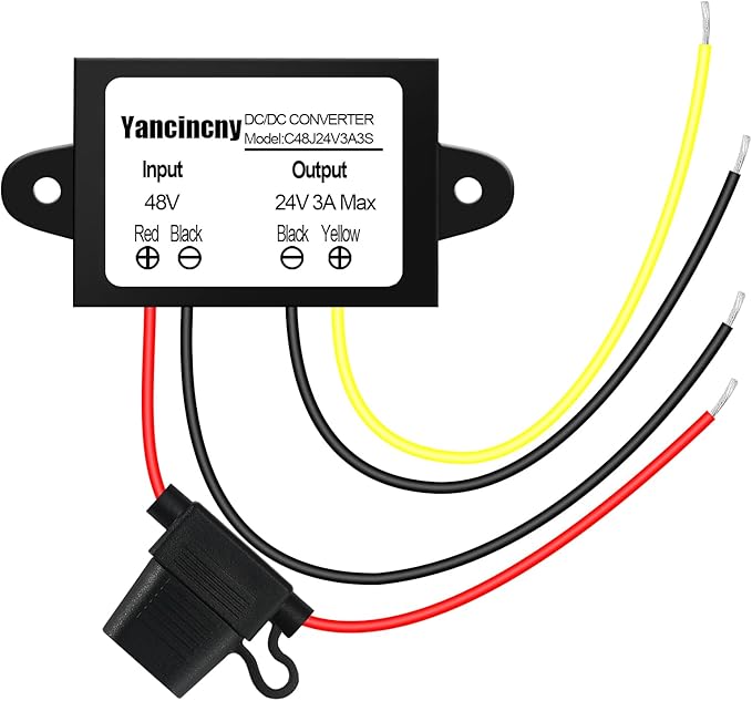 Yancincny 3A 72W 24V DC 48V Step Down to 24V Buck Transformer, 48V to 24-V Converter Regulator Power Supply Module Waterproof Voltage Converter with Fuse for Golf Cart/RVs/Monitoring System