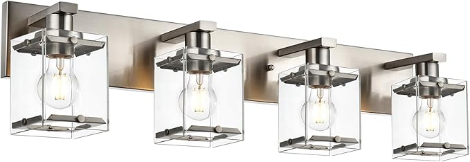 WINSHEN 4-Lights Bathroom Vanity Light Fixtures in Brushed Nickel, E26 Socket Wall Sconce Lighting Fixtures with Clear Glass Shades for Over Mirror Bedroom Living Room Cabinet