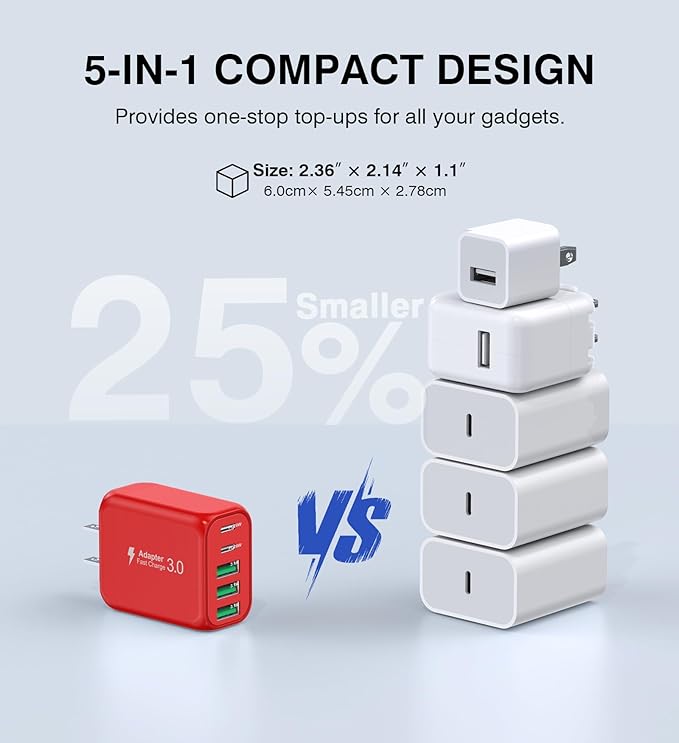60W USB C Wall Charger, 2Pack 5-Port C Charger Fast Charging Block PD Power Adapter +QC 3.0 Multiport Type C Box Brick Cube USB A Wall Plug for iPhone 14/15/16/17 Pro Max, iPad,Samsung Galaxy(Red)