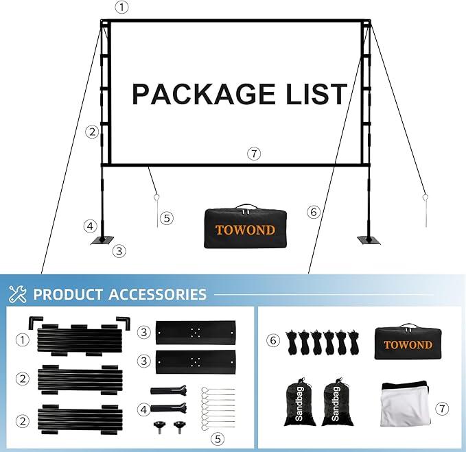 TOWOND Projector Screen and Stand, 100 inch Outdoor Projector Screen Indoor, Portable Movie Screen 16:9 4K Front Rear Projection Screen with Carry Bag Wrinkle-Free Design for Home Backyard Theater