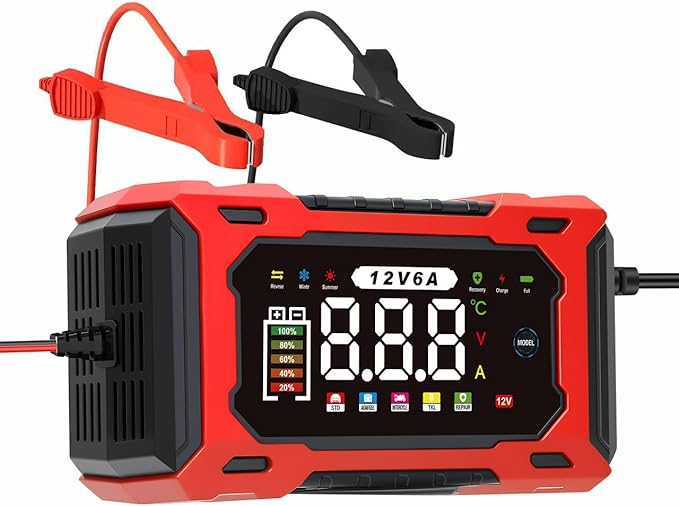 6-Amp 12V Smart Car Battery Charger, Battery Maintainer Trickle Charger with Desulfator, Pulse Repair & Overcharge Protection - for Car Lawn Mower Marine Lead-Acid Batteries (Red)