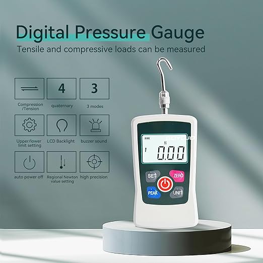 GOYOJO Digital Force Gauge High-Precision Push-Pull Meter for Tension & Compression Testing Units (N, kg, lb, oz) Real-Time/Peak/First Peak Modes Ideal for Quality Control & Material Testing (50N)