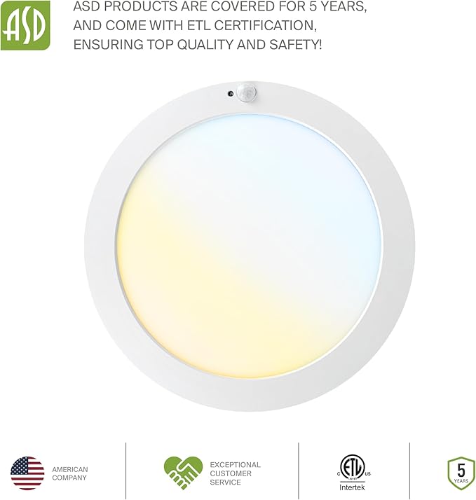 ASD LED 12" Round Flush Mount Ceiling Light Fixture, Low Profile Surface Lighting | 5CCT, Motion Sensored, Ultra-Thin, ETL Listed | 24W 1700LM 2700-6000K 120V | Kitchen, Hallway Lamp | White, 12 Pack