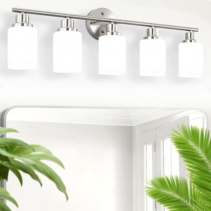 Guliaofo 5-Light Brushed Nickel Vanity Lights, Bathroom Light Fixtures with Textured Milky White Glass Shade, Modern Bathroom Lighting Fixtures Over Mirror Wall Sconce Light - E26 Base