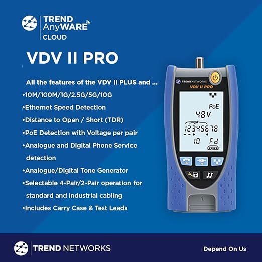 TREND Networks | R158005 | VDV II Pro | Cloud Connected | Voice, Data and Video Cable Verifier | Copper Cable Tester | Advanced Wiremap & Troubleshooting Tool