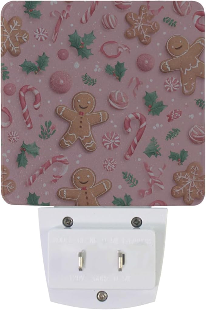 Pigsaly Led Night Light Christmas Gingerbread Men Pink Candy Canes Night Light Plug in Wall Lamp Smart Dusk to Dawn Sensor Nightlight Led Lamp Energy Saving Lights Gift for Kids Room Bedroom Bathroo