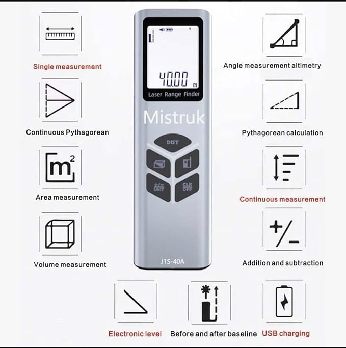 Laser Measuring Tool 131FT Laser Rangefinder Tape FT/M/INCH Compact Laser Measuring Tape with Electronic Level and flash USB Charging continuous/angle/área/volume/pythagorean measurement