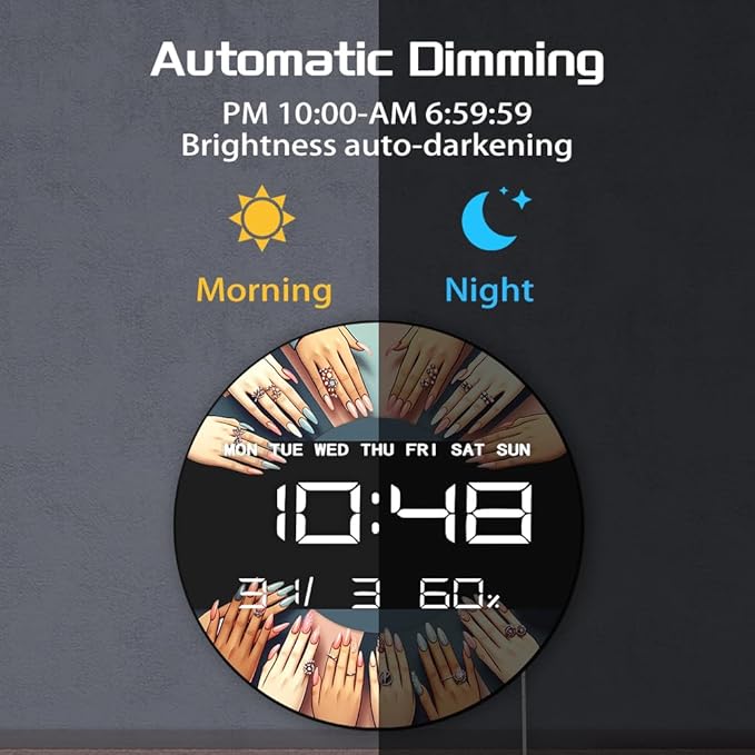 Timethink 12 Inch Nail Salon Digital Wall Clock Large Display, Nail Room Electric Wall Clock Auto-Brightness, Date, Temperature, 12/24hr, USB Powered for Nails Studio Beauty Salon Nail Technician Gift