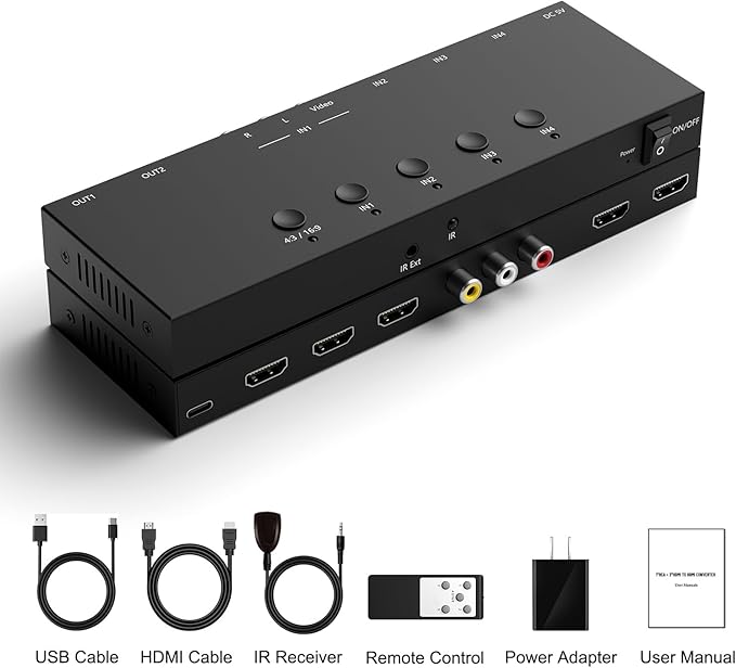 Dingsun 3 Way HDMI 2.0+ RCA to 2 Way HDMI Converter for Fire Stick，ROKU, N64, NGC, Wii, PS2/3/4/5, Xbox Series, Xbox ONE, Switch ect.(4In to 2Out)