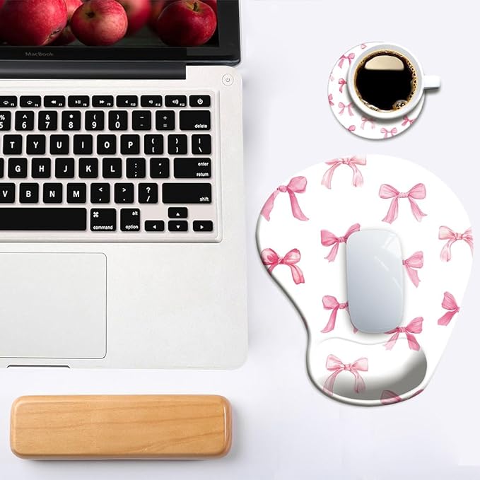 Ergonomic Mouse Pad with Wrist Support,Cute Mouse Pad with Wrist Rest and Coaster Set,Office Supplies Non-Slip Mouse Pads for Desk, Non-Slip Comfortable,Pink Bow