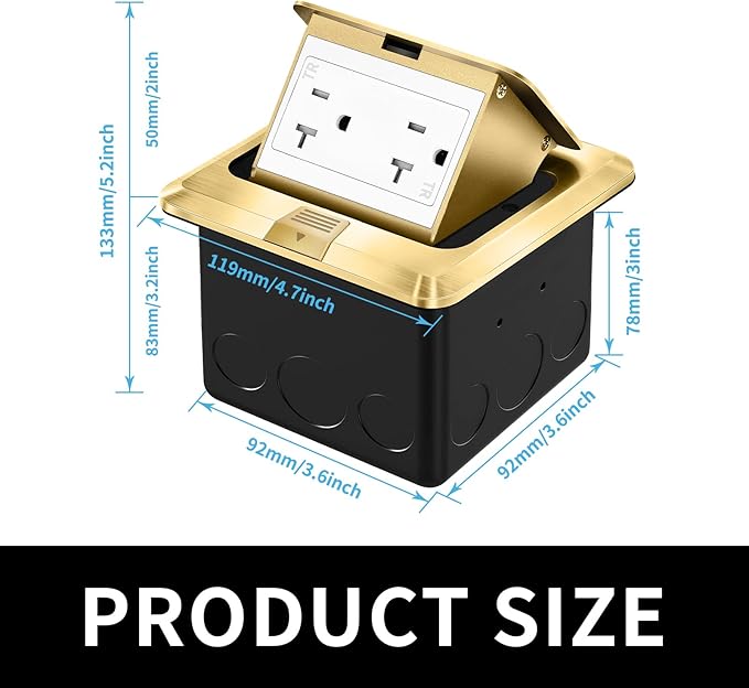 Vagueior Recessed Floor Electrical Outlet Kit,Waterproof Electrical Outlet Covcer Box,Hidden 20A Tamper-Resistant Receptacle Outlet,with Slow Elastic Damping，ETL Certified,Gold(1 Pack)