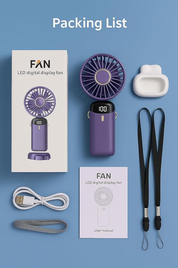 AMPMG LED Digital Display Rechargeable Fan – Portable Handheld & Desk Fan with Adjustable Speeds, USB Charging, Quiet Operation, and Base Stand for Home, Office, Travel and Outdoor Use