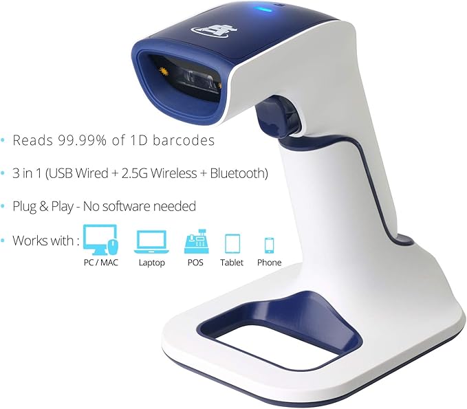 ScanAvenger Wireless Portable 1D with Stand Bluetooth Barcode Scanner: Hand Scanner 3-in-1, Cordless, Rechargeable Scan Gun for Inventory - USB Barcode Reader (1D Only with Next Gen Stand)…