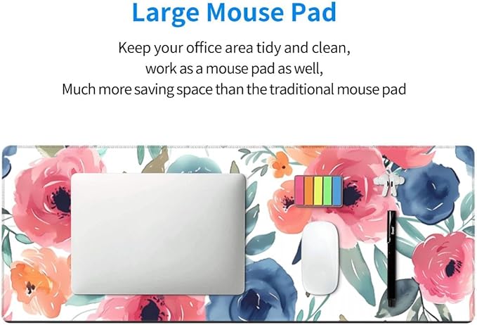 CANFLASHION Desk Pad,Office Desk Mat 31.5"×11.8" Large Gaming Mouse Pad,Durable Extended Computer Mouse Pad,Waterproof Thick Big Mouse Pads with Non-Slip Rubber Base Office Home Watercolor Floral