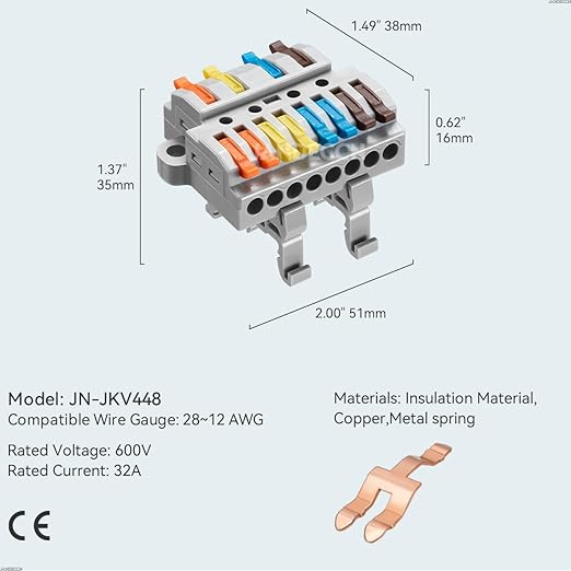 JANDECCN 6pcs DIN Rail Terminal Blocks, DIY Splicing Wire Connectors for Circuit Inline 28-12AWG (4 in 8 Out)