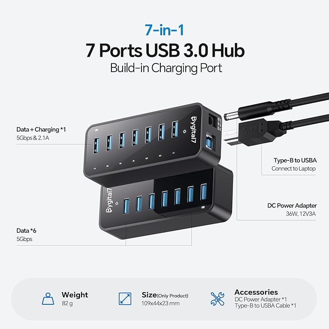 USB 3.0 Hub, 7Ports USB Hub with 1BC1.2 Ports, Multi USB Data Hub Compatible with Mac, Laptops, Desktop, All USB Devices, Mobile and HDD, USB 3.0 Splitter (36W Adapter Included)