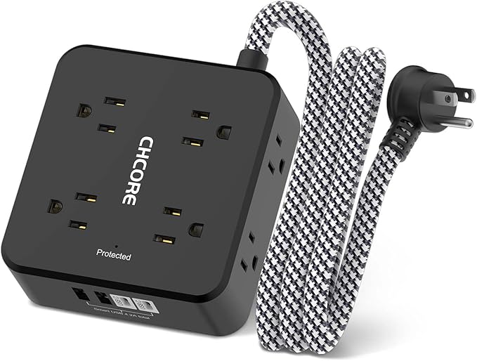 Surge Protector Power Strip - CHCORE 5Ft Braided Extension Cord with 8 Outlets with 4 USB (2 USB C) Charging Ports, Flat Plug Multi Plug Outlet Extender Charging Station for Home Office, ETL, Black
