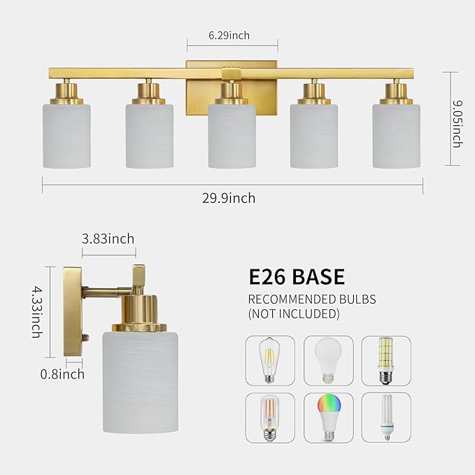 DIKAIDA Gold Bathroom Light Fixtures, 5-Light Modern Brushed Gold Vanity Lighting Fixtures for Bathroom Over Mirror, 30" Gold Sconces Wall Lighting for Bedroom Hallway Living Room