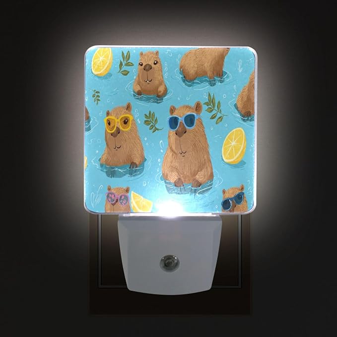 Pigsaly Led Night Light Cute Capybara Lemon Night Light Plug in Wall Lamp Smart Dusk to Dawn Sensor Nightlight Led Lamp Energy Saving Lights Gift for Kids Room Bedroom Bathroom Hallway