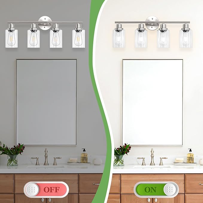 Guliaofo 4-Light Nickel Bathroom Light Fixtures, E26 Modern Vanity Lights for Bathroom with Clear Glass Shade, Wall Lamps for Mirror Hallway Kitchen Cabinet Living Room Sconces Lights