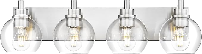 METWET Bathroom Light Fixtures, 4 Light Brushed Nickel Vanity Light, 26 Inch Modern Wall Sconces with Globe Clear Glass Shade, Vanity Lighting Fixtures Over Mirror, VL195-BN-CL-4