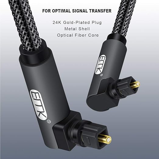 EMK 【Upgraded】 Double 90 Degree Optical Audio Cable Free-Rotating Toslink Plug Nylon Braided S/PDIF Digital Right Angle Optical Male to Male Cable for Home Theater,Sound Bar,TV(10ft/3m)