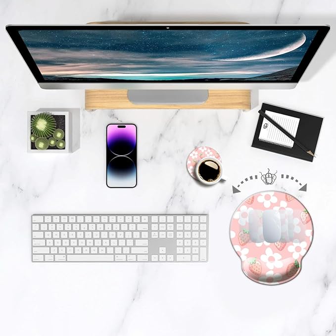 Ergo Comfort Gel Wrist Rest Mouse Pad-Ergonomic Office Mousepad with Wrist Support-Non-Slip, Design Desk Accessories Mat for Home&Game Decor Pink Floral Kawaii