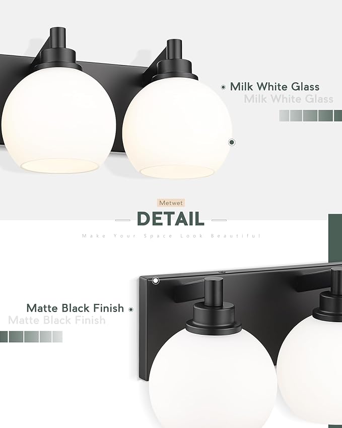 METWET Bathroom Light Fixtures, 3-Light Matte Black Vanity Light, Modern Wall Sconces with Milk White Globe Glass Shade, Vanity Lighting Fixtures Over Mirror, VL195-MB-ML-3