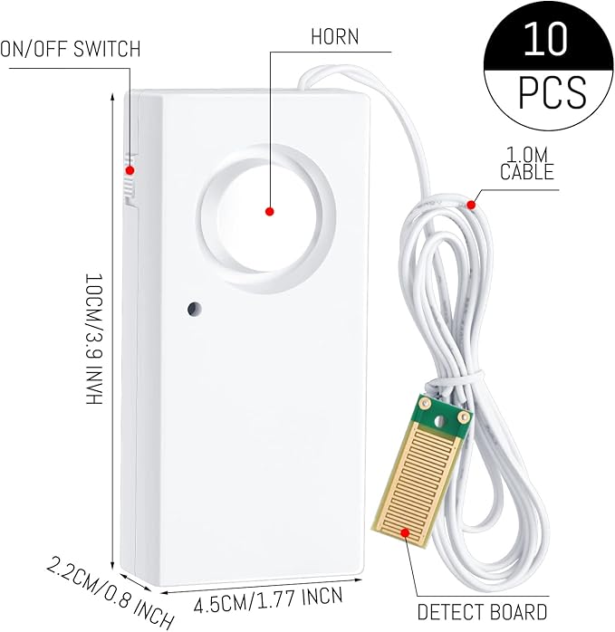 Hoteam 10 Pcs Water Sensor Alarm Leak Detector 120db Water Leak Alarm 9v Battery Flood Sensor Detector Overflow Security Alert for Home Basement Kitchen Garage Bath Tub Sink, White