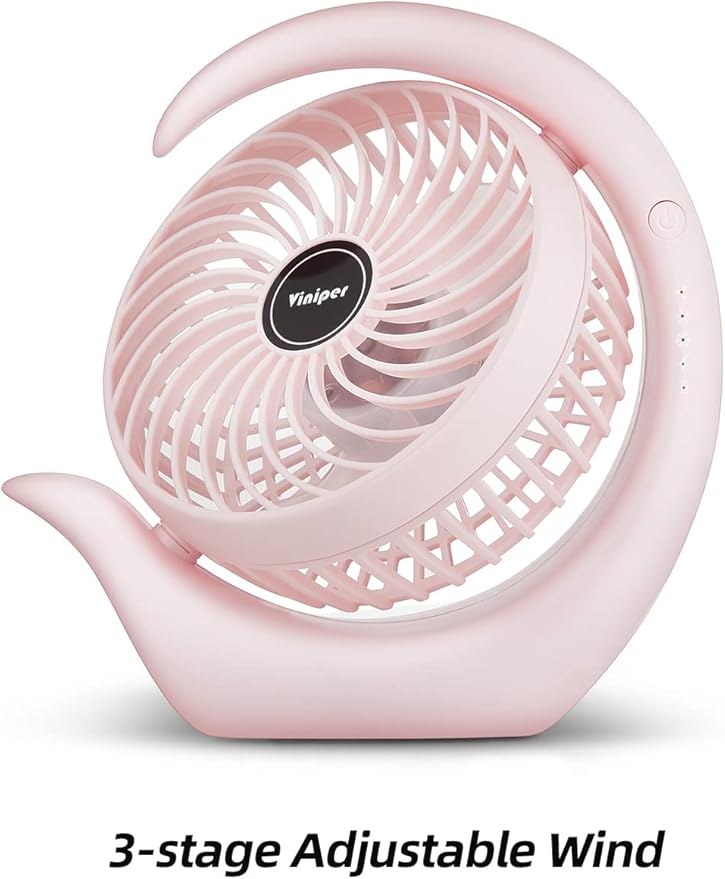 Viniper Battery Operated Fan, Usb Desk Fan : 180° Rotation and 3 Speeds Portable Office Fan, About 8-24 Hours Working for Office Home (Light Pink, Light Black Blade)
