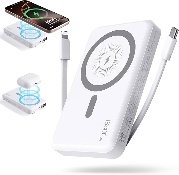 2026 Magnetic Wireless Power Bank, 16800mAh Portable Charger with 2 Built in Cables, LED Display Magnetic Battery Pack Travel Essentials for iPhone 17/16/15/14/13/12/Pro/Mini/Pro Max Andriod-White