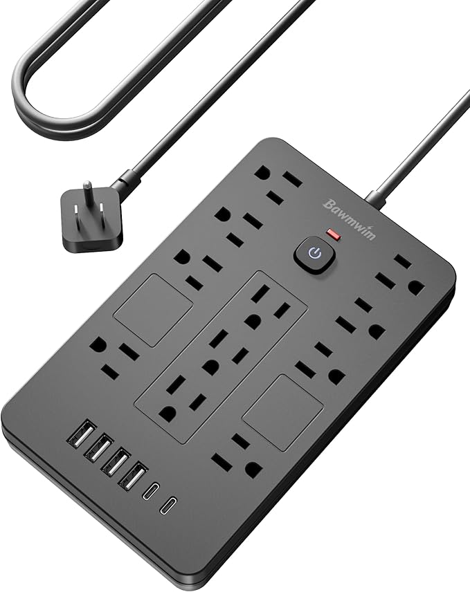 Bawmwim Surge Protector Power Strip - 11 Outlets(1850W/15A) with 6 USB Ports(2 USB C), 6FT Flat Plug Extension Cord, Wall Mount, Black, ETL Listed for Home, Dorm Room