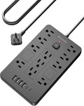 Bawmwim Surge Protector Power Strip - 11 Outlets(1850W/15A) with 6 USB Ports(2 USB C), 10FT Flat Plug Extension Cord, Wall Mount, Black, ETL Listed for Home, Dorm Room
