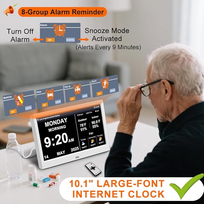 2025 Digital Clock with Weather Forecast & Temperature/Humidity Large Display,Auto Time Sync, Custom Alarms & Medication Reminders, Elderly Memory Loss (White, 10.1 Inch)
