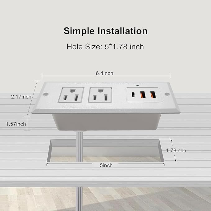20W Recessed Power Strip USB C Fast Charge Desk Power Outlet Type C Flush Mounted Extension Power Plug for Conference Countertop Desktop Drawer Sofa ETL Listed 10ft Power Cord