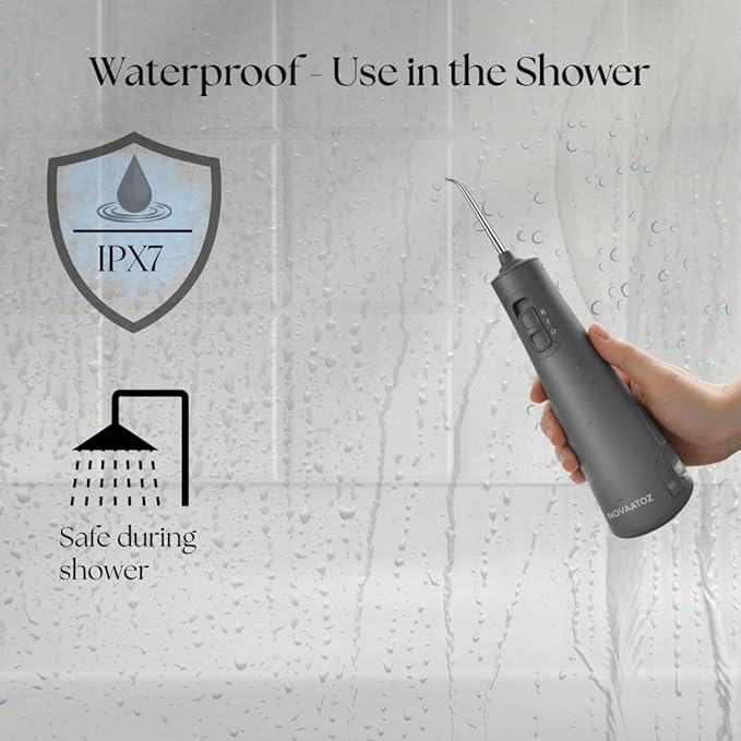 NOVAATOZ HydroAdvance Cordless Water Flosser for Teeth & Gums | Rechargeable Portable Oral Irrigator for Braces & Travel | Pulse Cleaning with 2 Flossing Tips | Waterproof Dental Care Device (Gray)
