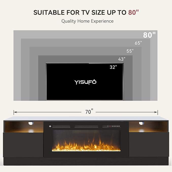 YISUFO 70" TV Stand with 36" Electric Fireplace, Large Modern Media Entertainment Center with Storage Cabinet and 12 Colors LED Lights for TVs Up to 80"