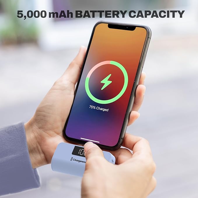 CHARGEWORX Mini Portable Charger Power Bank with Built-in USB-C Connector, Compact 5,000 mAh Power Bank with Fast-Charge Dual Output, Pass-Through Charging, LCD Display for Battery Status, Coral Blue