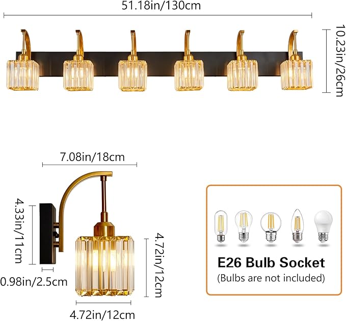 FDPBY Crystal Vanity Lights 6-Light Black Gold Bathroom Vanity Lights Modern Crystal Bathroom Light Fixtures Over Mirror 51.18" Long Vanity Light for Bathroom