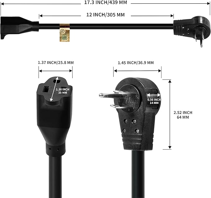 Nekteck 360° Rotating Flat Plug Extension Cord 1 Foot, 14AWG 3 Prong Extension Cord, Low Profile Right Angle Power Cord, Flat Extension Cord Grounded Wire, 15A- UL Certified, Black