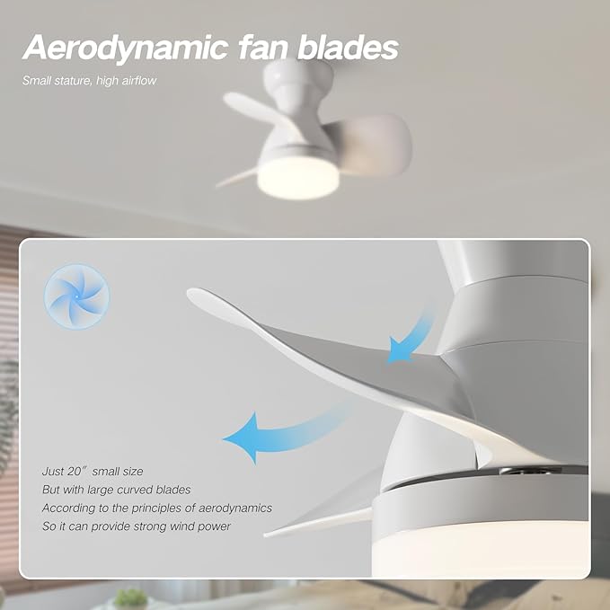 Myleoron 20 Inch Ceiling Fan with Light, 3 ABS Blades, White Small Ceiling Fan with Remote Control, Suitable for Living Room, Dining Room, Bedroom