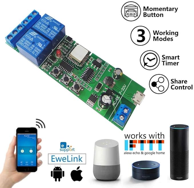 Newgoal Wireless Jog Relay momentary/self-Locking Switch Module DIY Smart Home Remote Control WiFi Relay Switch Ewelink App Compatible with Alexa Echo Google Home IFTTT (DC2)